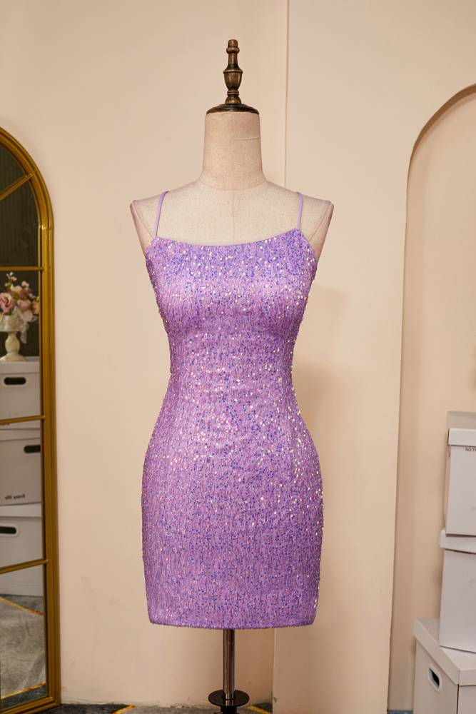 Purple Sheath Sequined Spaghetti Straps Homecoming Dresses