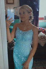 Light Blue Mermaid Tulle Long Party Dresses with Appliques