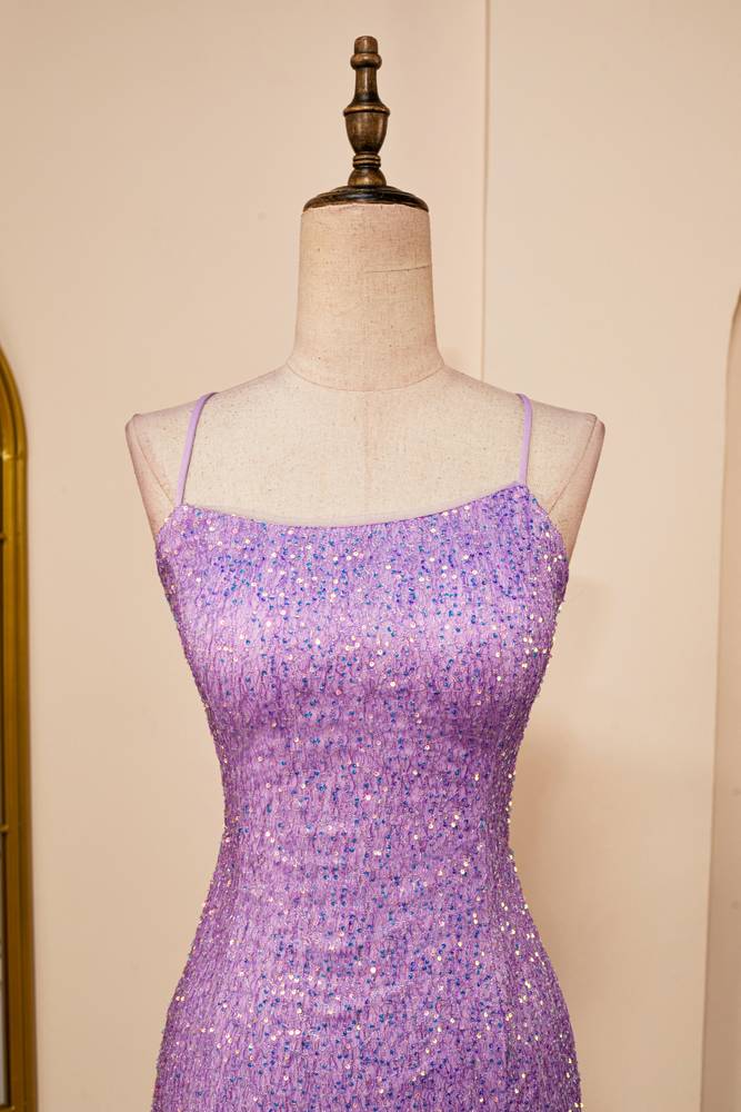 Purple Sheath Sequined Spaghetti Straps Homecoming Dresses