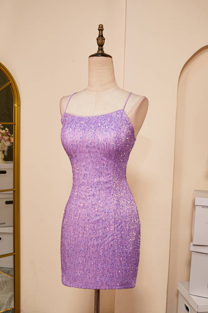 Purple Sheath Sequined Spaghetti Straps Homecoming Dresses