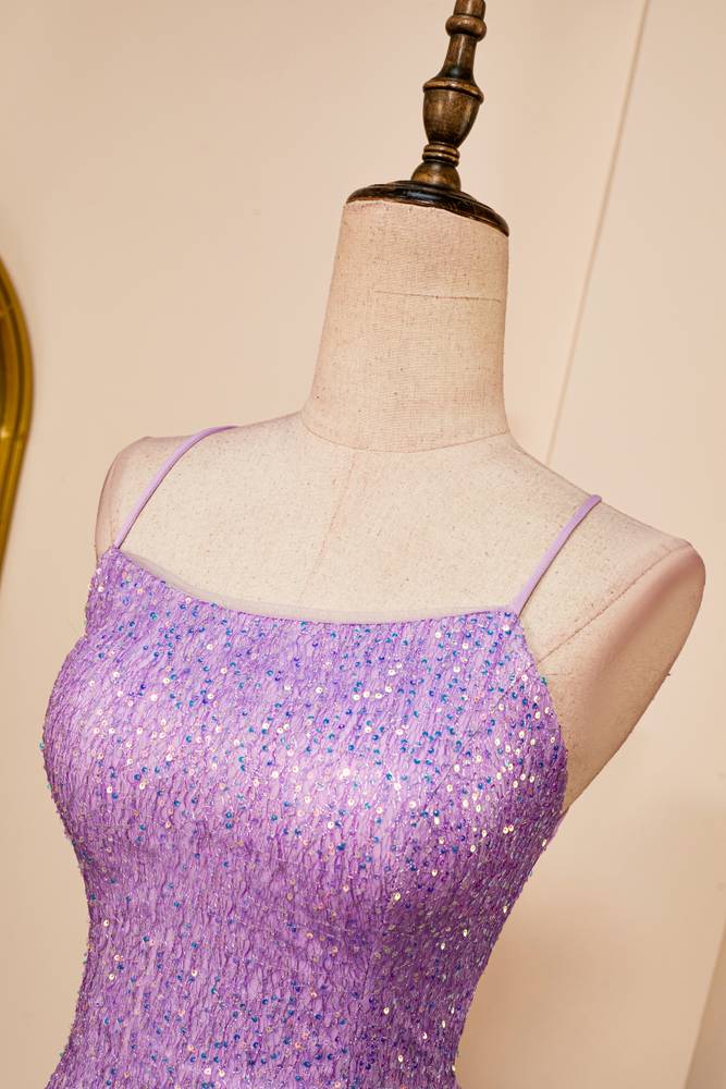 Purple Sheath Sequined Spaghetti Straps Homecoming Dresses