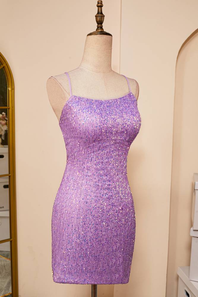 Purple Sheath Sequined Spaghetti Straps Homecoming Dresses