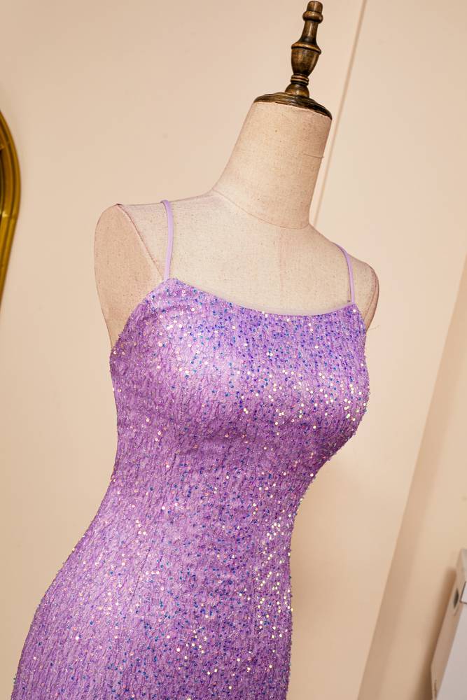 Purple Sheath Sequined Spaghetti Straps Homecoming Dresses