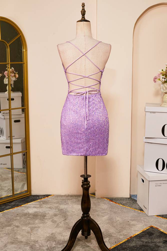 Purple Sheath Sequined Spaghetti Straps Homecoming Dresses