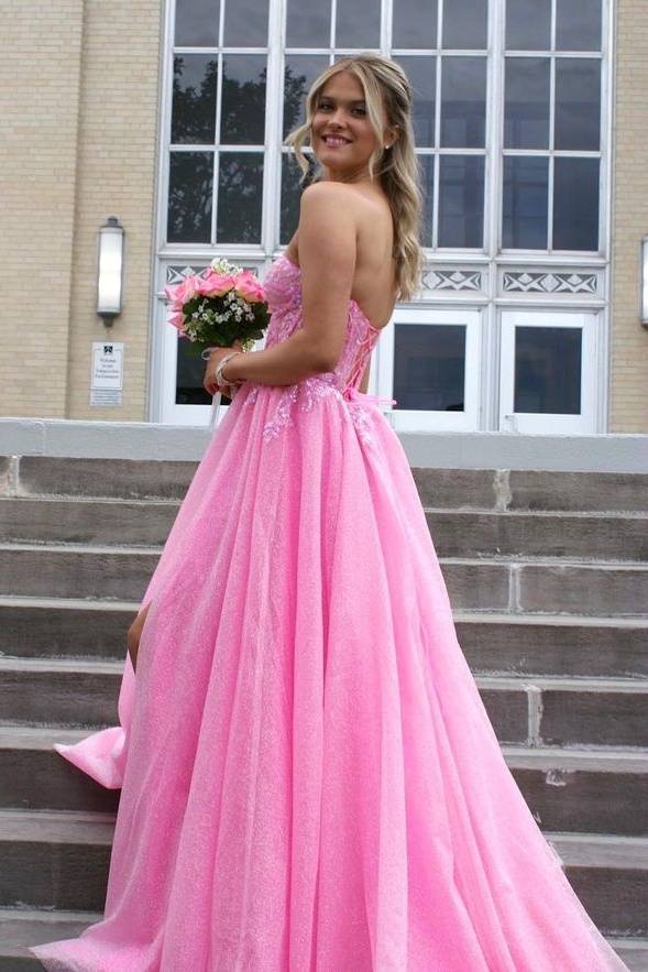 Pink Glittery Sweetheart Long A-Line Tulle Prom Dresses