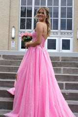 Pink Glittery Sweetheart Long A-Line Tulle Prom Dresses