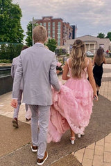 Pink Long Off-The-Shoulder A-Line Tulle Party Prom Dresses with Ruffles