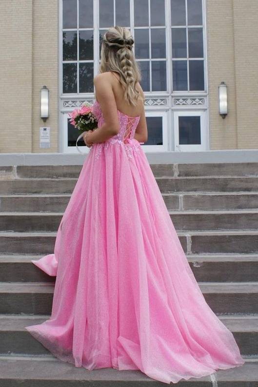 Pink Glittery Sweetheart Long A-Line Tulle Prom Dresses