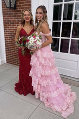 Pink Long Off-The-Shoulder A-Line Tulle Party Prom Dresses with Ruffles
