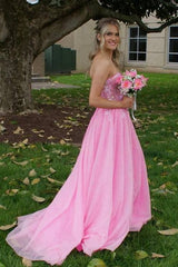 Pink Glittery Sweetheart Long A-Line Tulle Prom Dresses