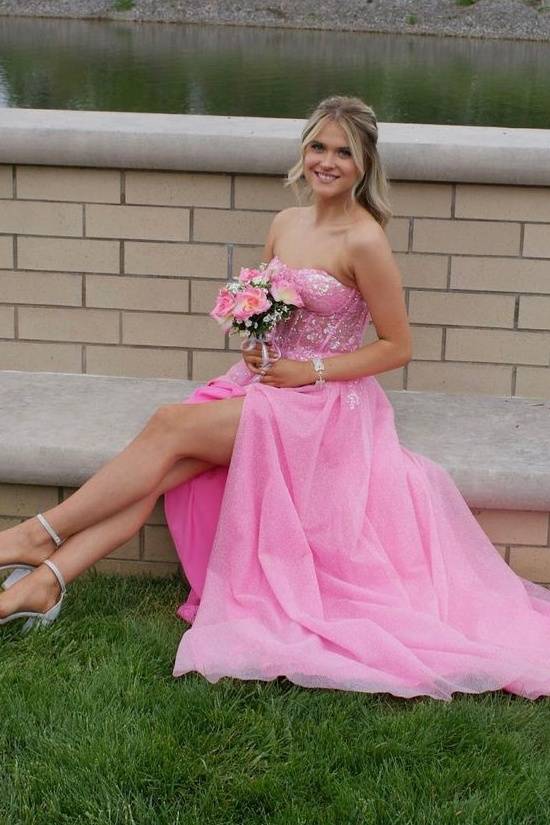 Pink Glittery Sweetheart Long A-Line Tulle Prom Dresses