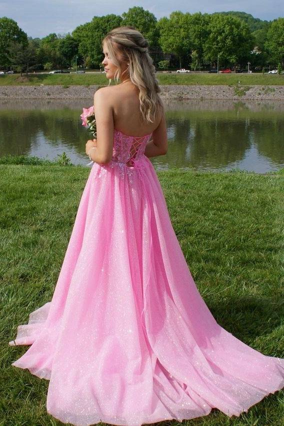 Pink Glittery Sweetheart Long A-Line Tulle Prom Dresses