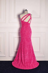 Fuchsia Sequined Mermaid One-Shoulder Prom Dresses with Slit