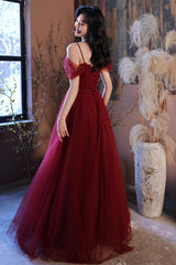 Burgundy V-Neck Off-The-Shoulder A-Line Tulle Prom Dresses