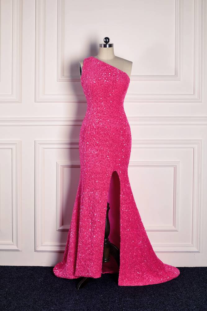 Fuchsia Sequined Mermaid One-Shoulder Prom Dresses with Slit