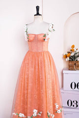 Coral A-Line Sleeveless Lace Tulle Prom Dresses with Flowers