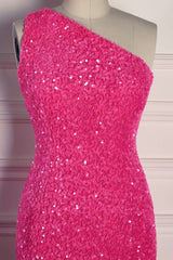 Fuchsia Sequined Mermaid One-Shoulder Prom Dresses with Slit