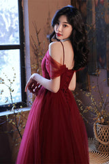 Burgundy V-Neck Off-The-Shoulder A-Line Tulle Prom Dresses