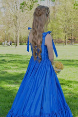 Ocean Blue Floor-Length A-Line Satin Sleeveless Prom Dresses