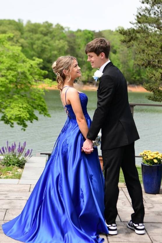 Royal Blue A-Line Satin Formal Party Dresses with Spaghetti Straps