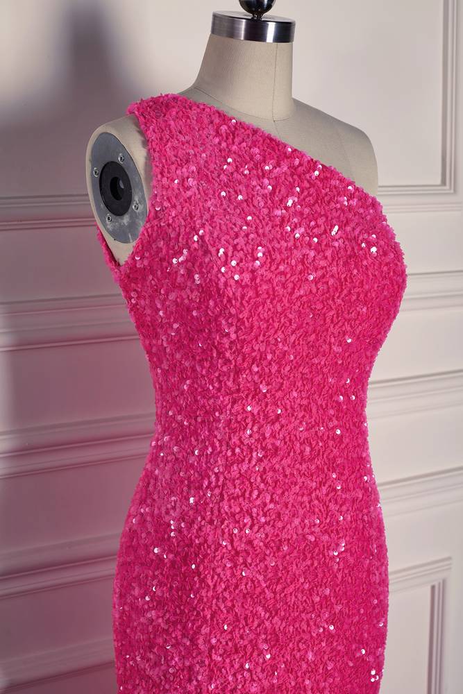 Fuchsia Sequined Mermaid One-Shoulder Prom Dresses with Slit