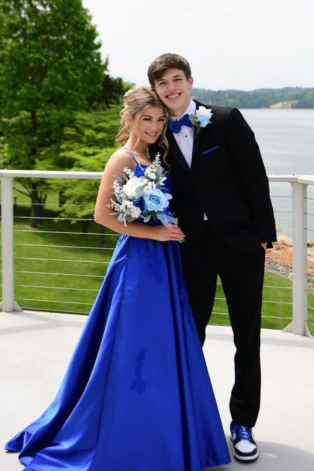 Royal Blue A-Line Satin Formal Party Dresses with Spaghetti Straps