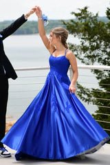 Royal Blue A-Line Satin Formal Party Dresses with Spaghetti Straps