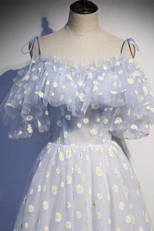 Exquisite Off-The-Shoulder Spaghetti Straps A-Line Tulle Floral Party Dresses