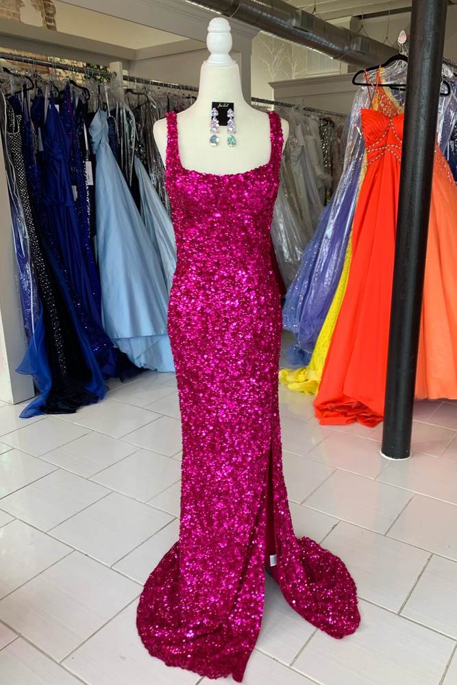 Square Neck Sleeveless Mermaid Sequin Formal Dresses with Slit