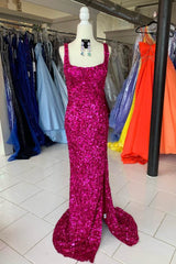 Square Neck Sleeveless Mermaid Sequin Formal Dresses with Slit