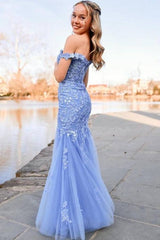 Elegant Off-The-Shoulder Mermaid Tulle Prom Dresses with Appliques