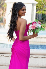 Fuchsia V-Neck Strapless Mermaid Satin Prom Formal Dresses