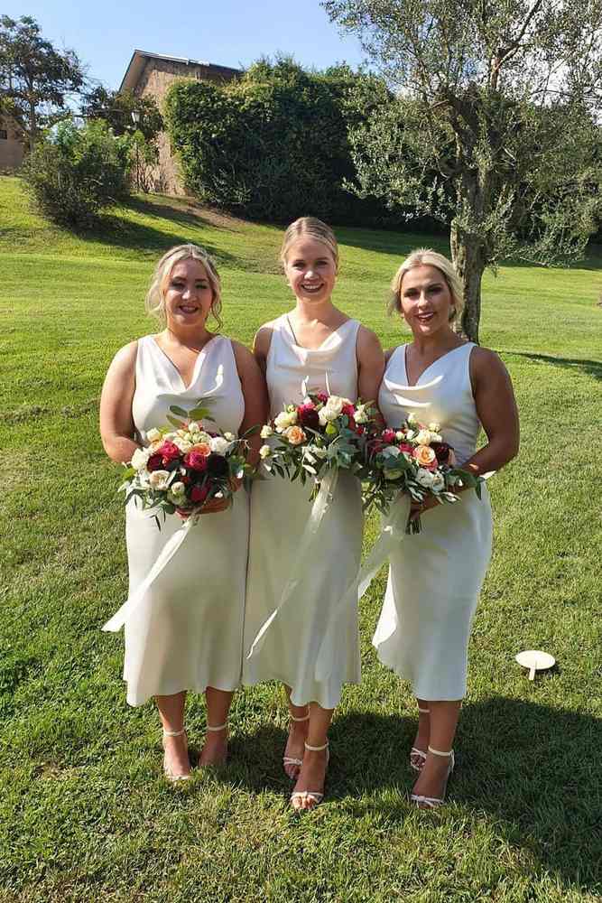 Cowl Neck Tea-Length Mermaid Satin Bridesmaid Dresses