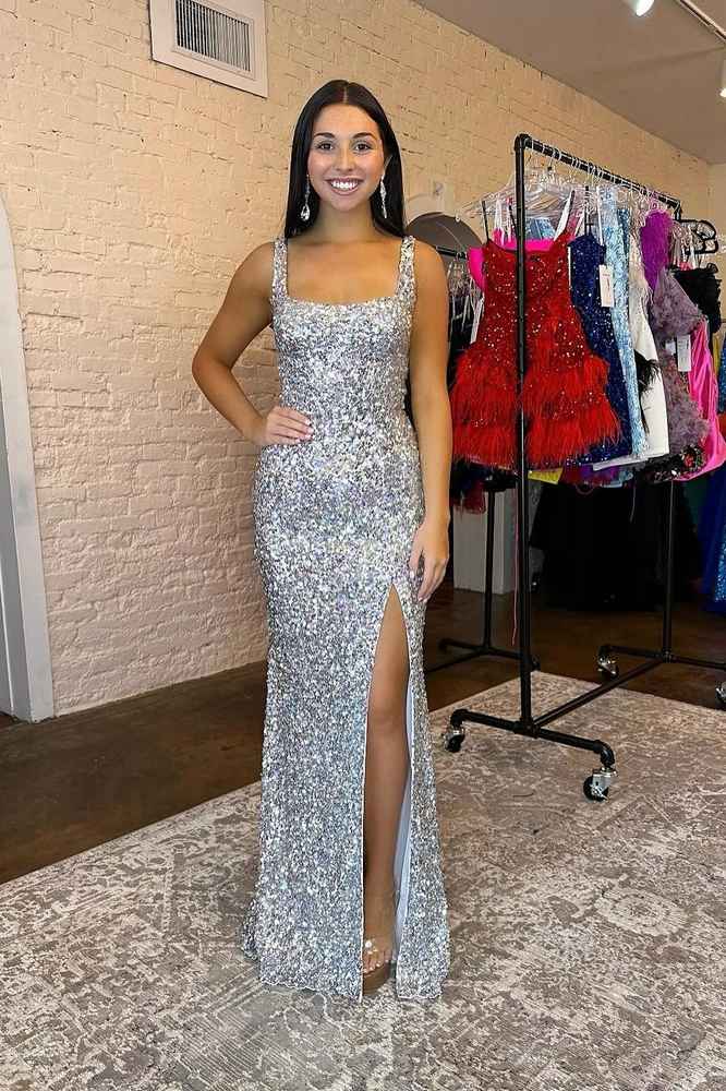 Silver Square Neck Sleeveless Mermaid Sequin Formal Dresses with Slit
