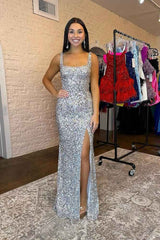 Silver Square Neck Sleeveless Mermaid Sequin Formal Dresses with Slit