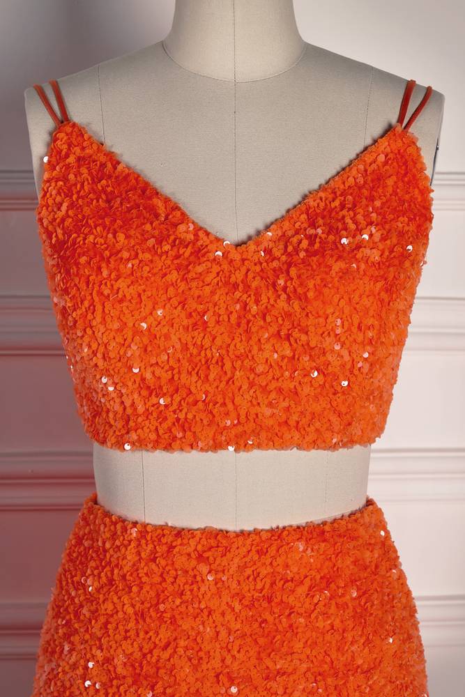 Orange Two-Piece Sequined Mermaid Prom Dresses with Slit