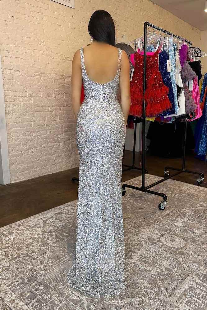 Silver Square Neck Sleeveless Mermaid Sequin Formal Dresses with Slit