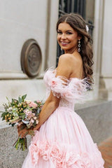 Blushing Pink Off-The-Shoulder A-Line Tulle Prom Dresses with Handmade Flower