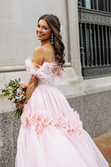 Blushing Pink Off-The-Shoulder A-Line Tulle Prom Dresses with Handmade Flower