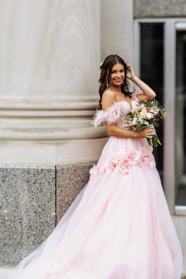 Blushing Pink Off-The-Shoulder A-Line Tulle Prom Dresses with Handmade Flower