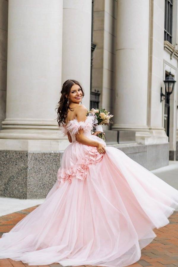 Blushing Pink Off-The-Shoulder A-Line Tulle Prom Dresses with Handmade Flower