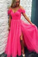 Fuchsia Floor-Length V-Neck A-Line Tulle Prom Dresses with Feather