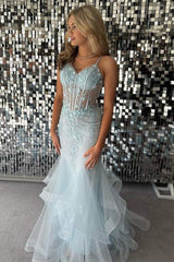 Sky Blue V-Neck Mermaid Tulle Prom Dresses with Appliques