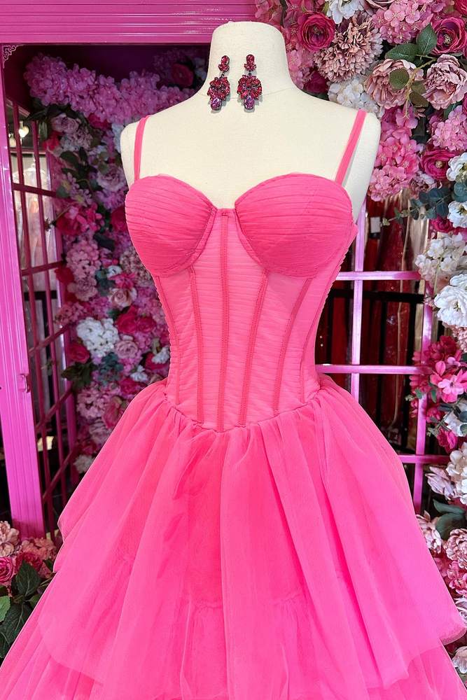 Fuchsia Tiered Sweetheart A-Line Tulle Prom Dresses