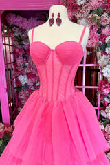 Fuchsia Tiered Sweetheart A-Line Tulle Prom Dresses