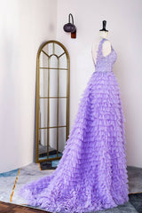 Lavender Tiered V-Neck Sleeveless Tulle Prom Dresses