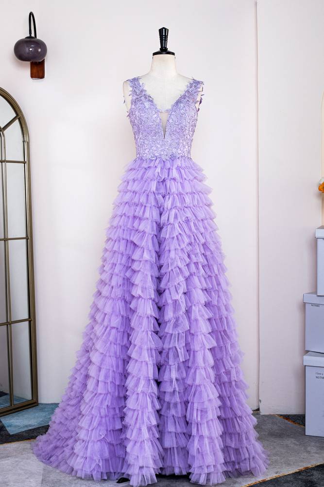 Lavender Tiered V-Neck Sleeveless Tulle Prom Dresses