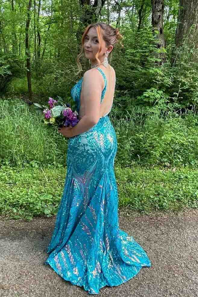 Sequined Deep V-Neck Sleeveless Mermaid Long Prom Dresses