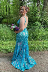 Sequined Deep V-Neck Sleeveless Mermaid Long Prom Dresses