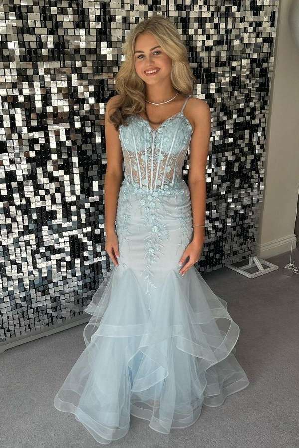 Sky Blue V-Neck Mermaid Tulle Prom Dresses with Appliques